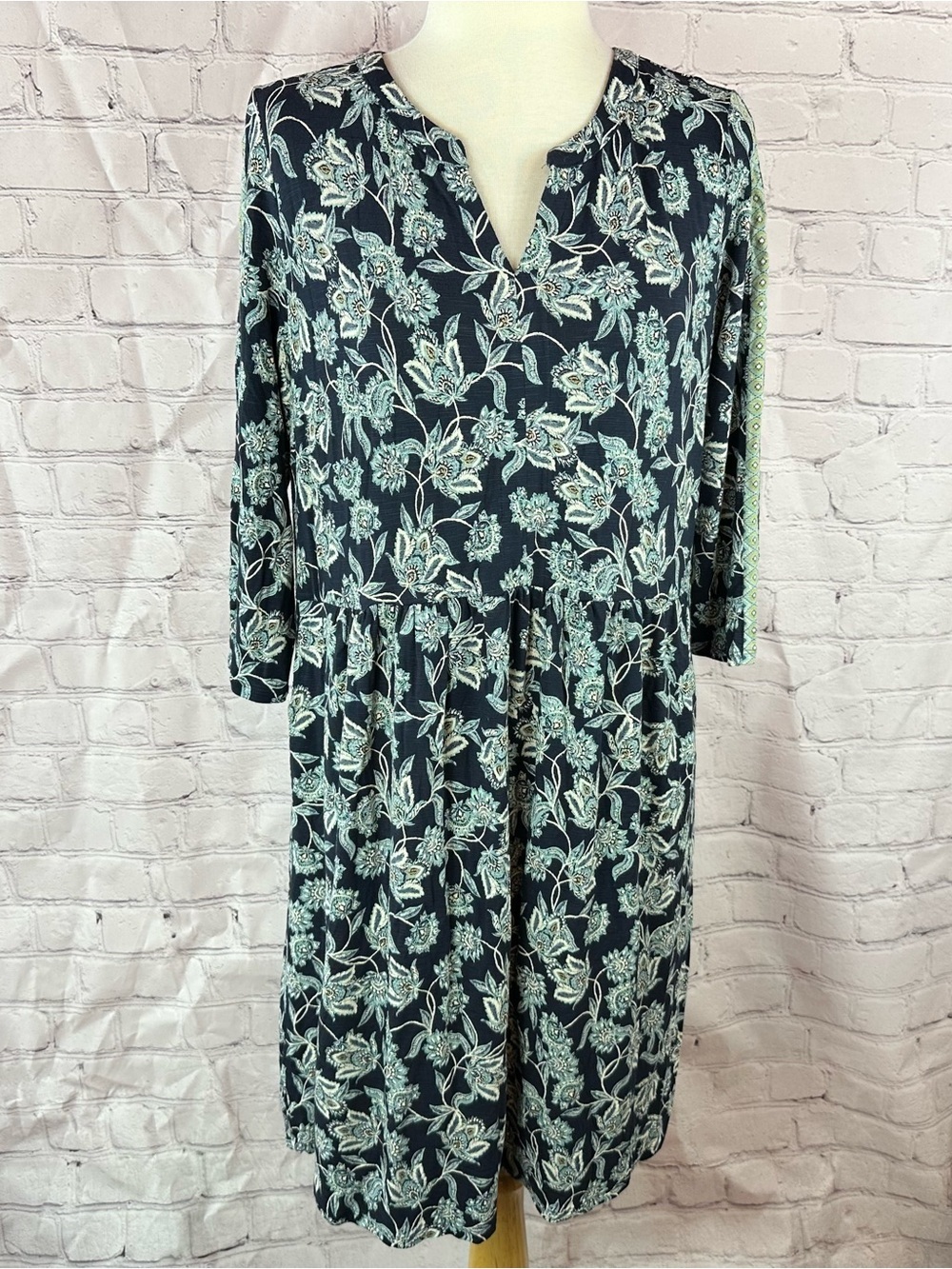 J. Jill Navy Floral V-Neck knit Dress women M cottage boho coastal feminine
